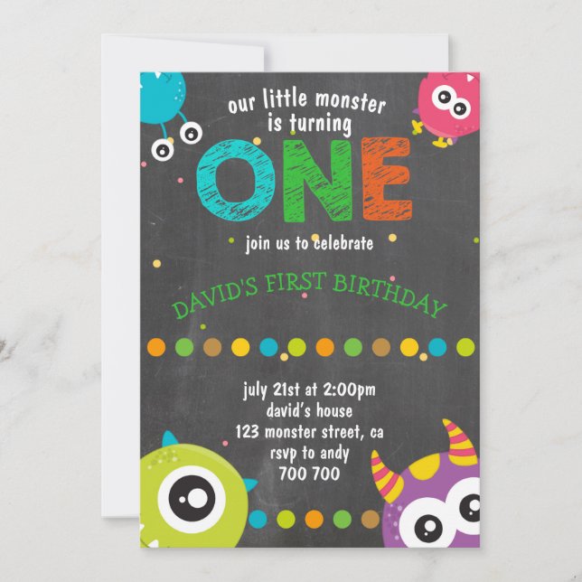 Invitation Garçon Premier Anniversaire Monstres Chalkboard mi (Devant)