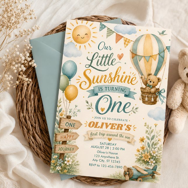 Invitation Garçon premier anniversaire soleil ballon Teddy  (Créateur téléchargé)
