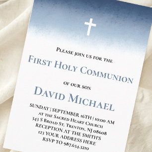 Invitation garçon première communion aquarelle bleue