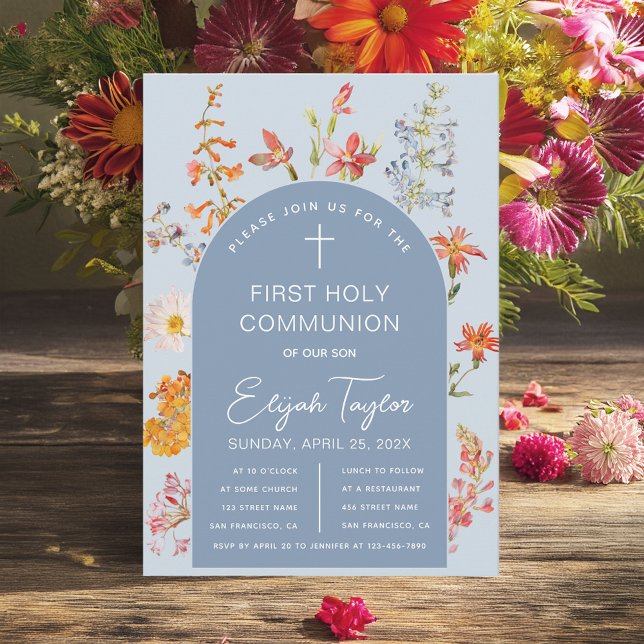 Invitation Garçon Première Communion Arc Bleu Fleur sauvage F (Créateur téléchargé)