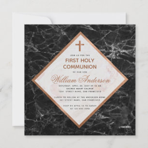Invitation Garçon Première Communion Blanc Marbre noir Cuivre