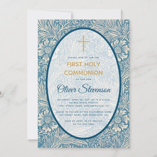 Invitation Garçon Première Communion Bleu Floral Souci Morris (Devant)