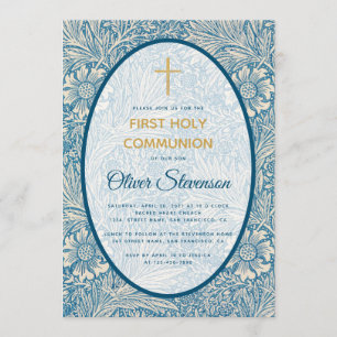 Invitation Garçon Première Communion Bleu Floral Souci Morris