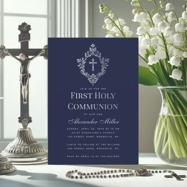 Invitation Garçon Première Communion Bleu Nuit Vintage Blason (Créateur téléchargé)