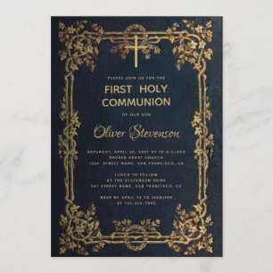 Invitation Garçon Première Communion Bleu Or Feuilles Vintage