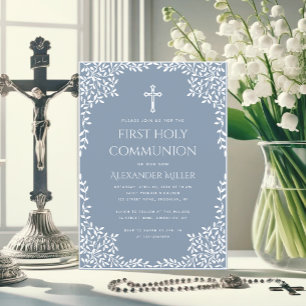 Invitation Garçon Première Communion Bleu Poussiéreux Blanc F