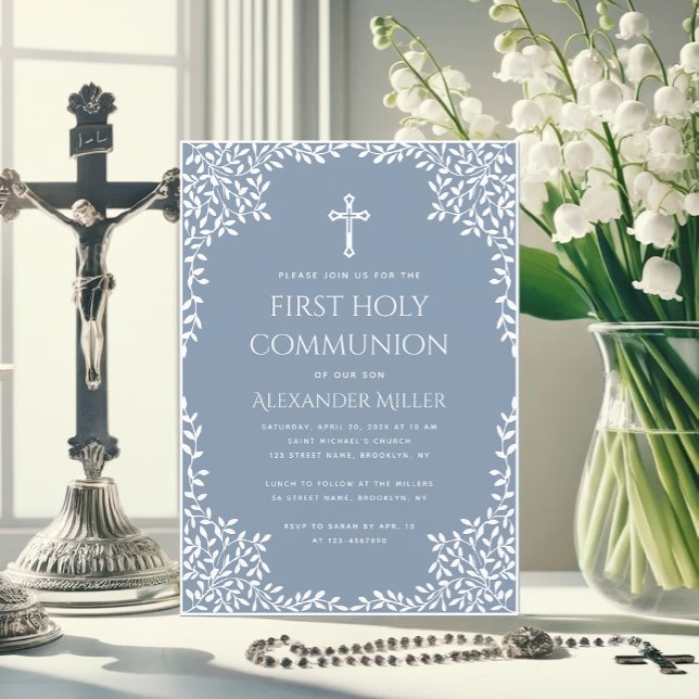 Invitation Garçon Première Communion Bleu Poussiéreux Blanc F (Créateur téléchargé)