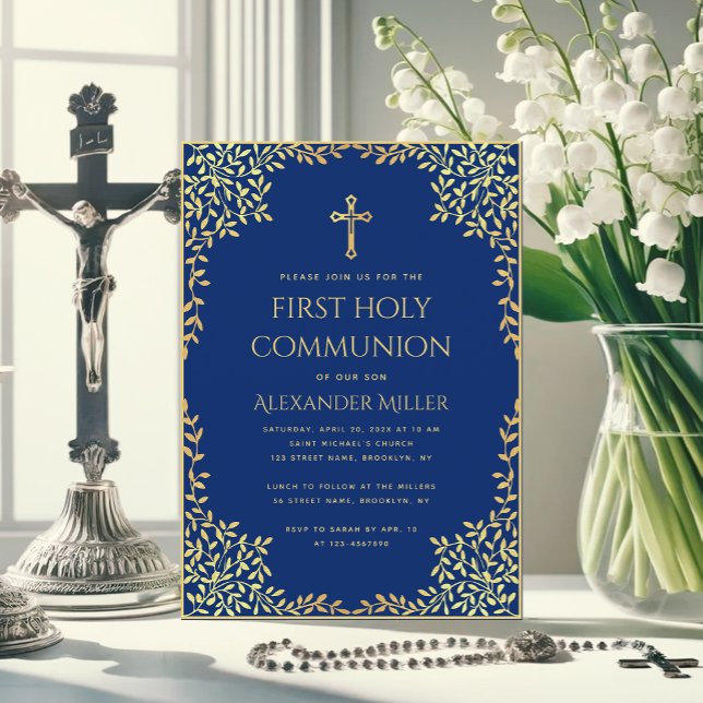 Invitation Garçon Première Communion Bleu Royal Feuilles Doré (Créateur téléchargé)