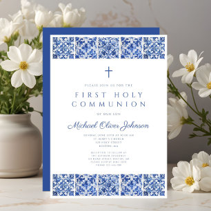 Invitation Garçon Première Communion Carreaux Bleus Élégants