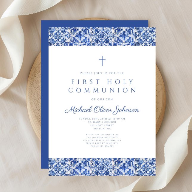 Invitation Garçon Première Communion Élégants Carreaux Bleus (Elegant Blue Tiles Boy First Communion Invitation)