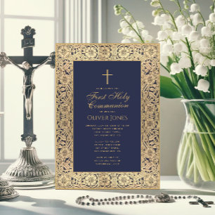 Invitation Garçon Première Communion Floral Gold Frame Bleu É