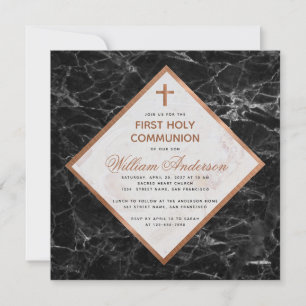 Invitation Garçon Première Communion Marbre Blanc Cuivre Noir