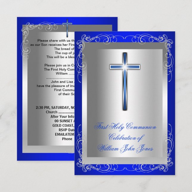 Invitation Garçon Première Sainte Communion Argent Bleu Royal (Devant / Derrière)