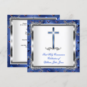 Invitation Garçon Première Sainte Communion Argent Bleu Royal
