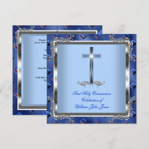 Invitation Garçon Première Sainte Communion Argent Bleu Royal