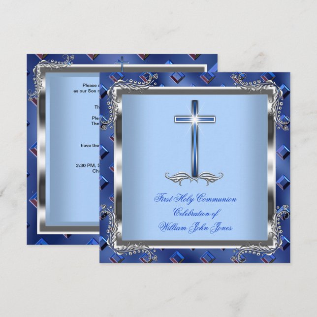 Invitation Garçon Première Sainte Communion Argent Bleu Royal (Devant / Derrière)