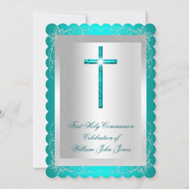 Invitation Garçon Première Sainte Communion Argent Jade Bleu  (Devant)