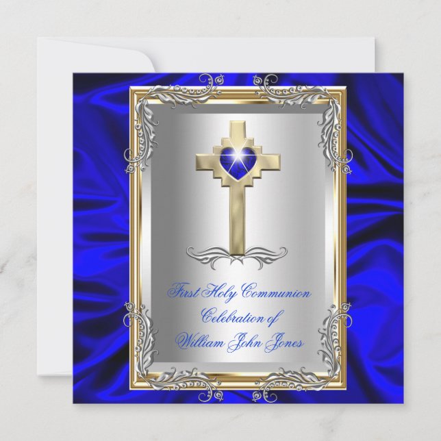 Invitation Garçon Première Sainte Communion Argent Or Bleu Ro (Devant)