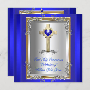 Invitation Garçon Première Sainte Communion Argent Or Royal B