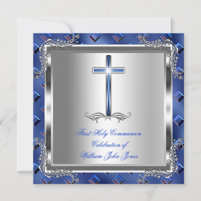 Invitation Garçon Première Sainte Communion Argent Royal Bleu (Devant)