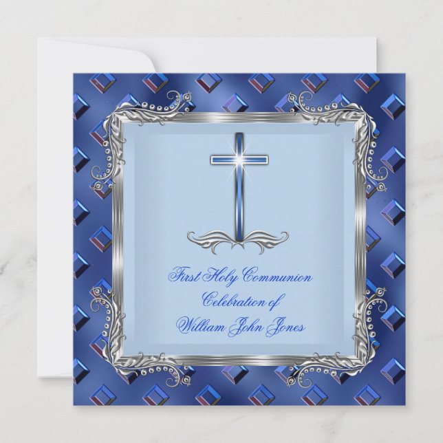 Invitation Garçon Première Sainte Communion Argent Royal Bleu (Devant)
