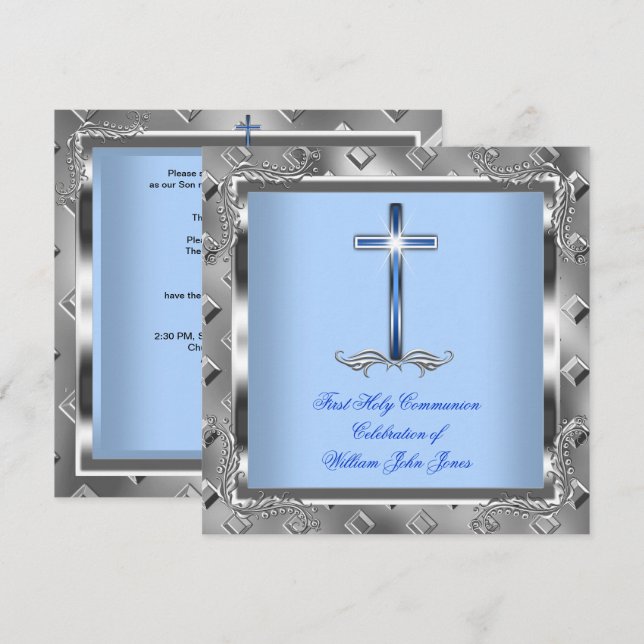 Invitation Garçon Première Sainte Communion Argent Royal Bleu (Devant / Derrière)