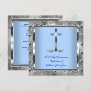 Invitation Garçon Première Sainte Communion Argent Royal Bleu