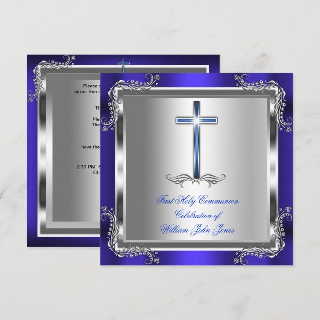 Invitation Garçon Première Sainte Communion Argent Royal Bleu (Devant / Derrière)