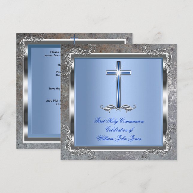 Invitation Garçon Première Sainte Communion Argent Royal Bleu (Devant / Derrière)