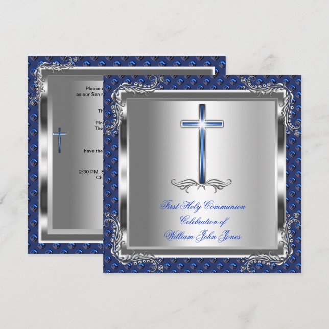 Invitation Garçon Première Sainte Communion Argent Royal Bleu (Devant / Derrière)
