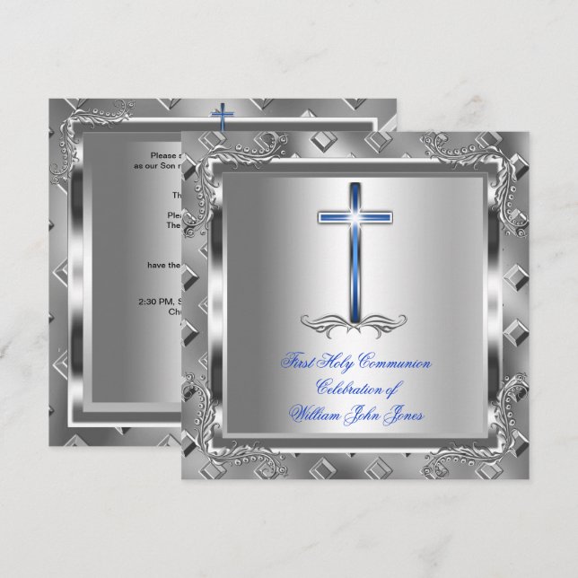 Invitation Garçon Première Sainte Communion Argent Royal Bleu (Devant / Derrière)