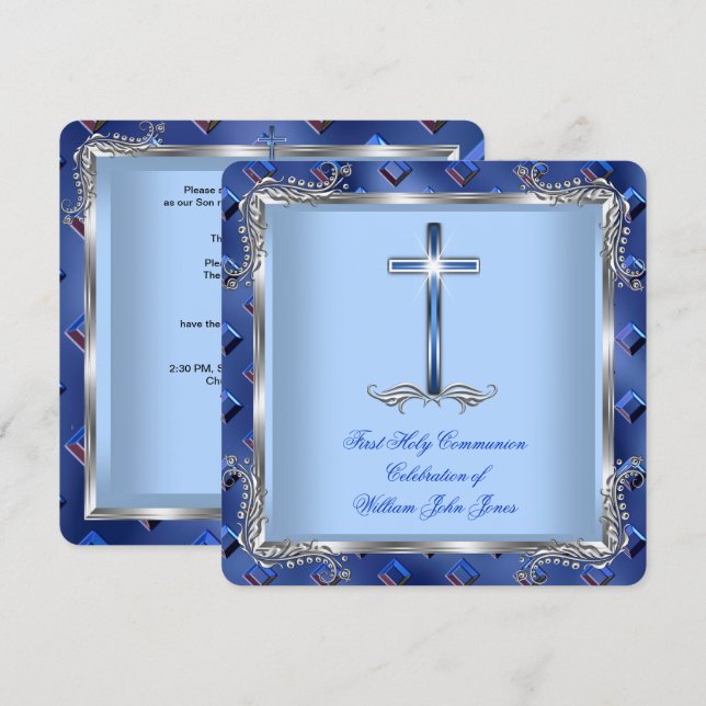 Invitation Garçon Première Sainte Communion Argent Royal Bleu (Devant / Derrière)