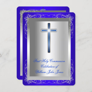 Invitation Garçon Première Sainte Communion Argent Royal Bleu