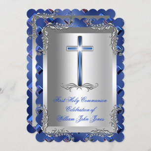 Invitation Garçon Première Sainte Communion Argent Royal Blue