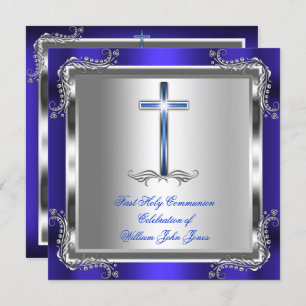 Invitation Garçon Première Sainte Communion Argent Royal Blue