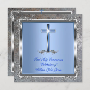 Invitation Garçon Première Sainte Communion Argent Royal Blue