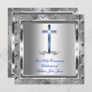 Invitation Garçon Première Sainte Communion Argent Royal Blue