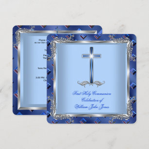 Invitation Garçon Première Sainte Communion Argent Royal Blue