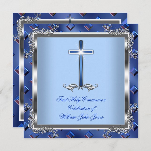 Invitation Garçon Première Sainte Communion Argent Royal Blue (Devant / Derrière)
