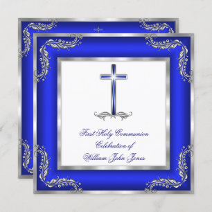 Invitation Garçon Première Sainte Communion Bleu Royal Argent