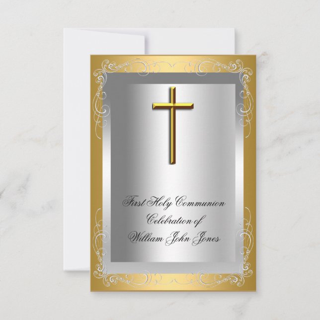 Invitation Garçon Première Sainte Communion Croix Argent Or (Devant)