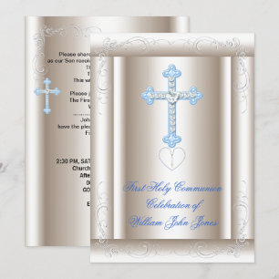 Invitation Garçon Première Sainte Communion Sepia Bleu