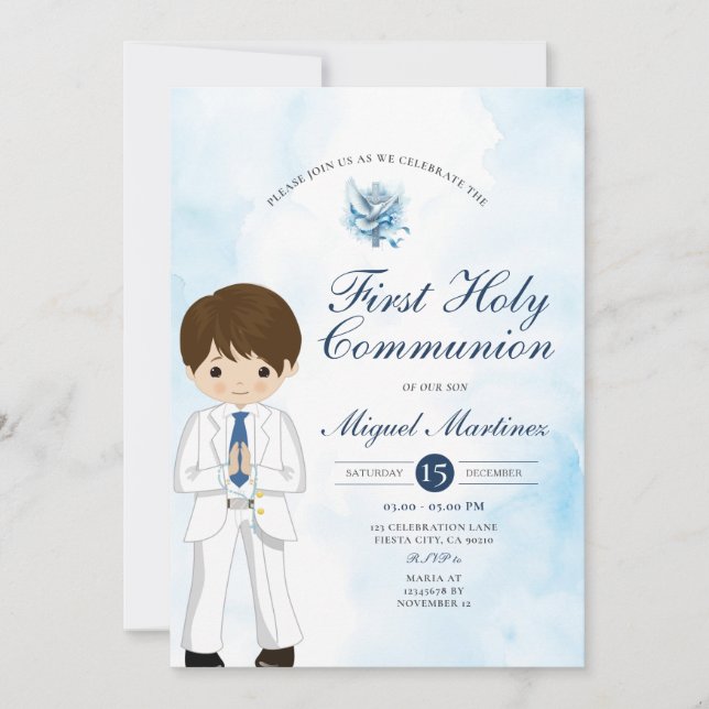 Invitation Garçon priant pour la 1ère communion bleue Croix a (Devant)