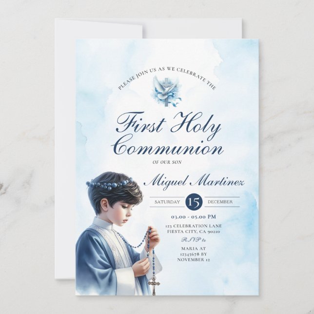 Invitation Garçon priant pour la 1ère communion bleue Croix a (Devant)