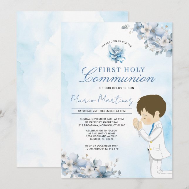 Invitation Garçon priant Première Sainte Communion Croix Flor (Devant / Derrière)