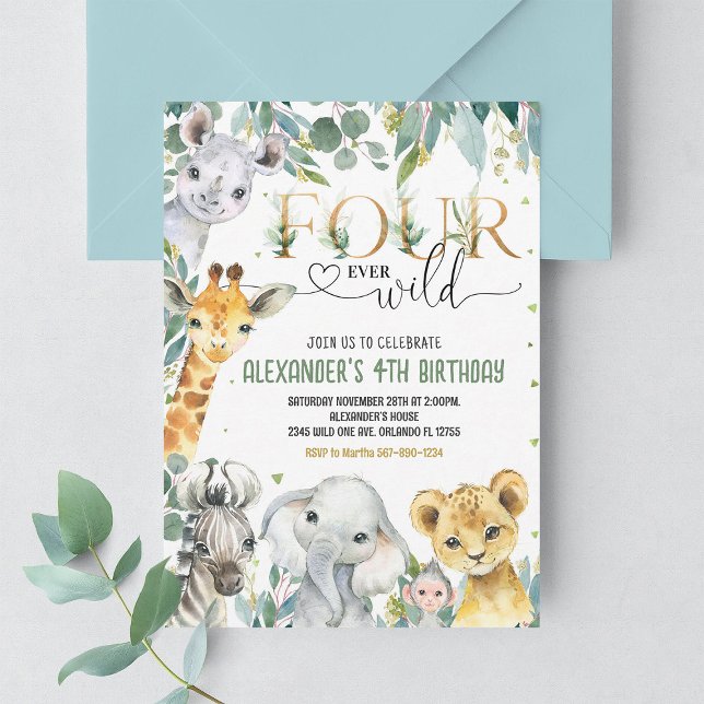 Invitation Garçon Quatre jamais sauvage Gold Jungle Animaux A (Créateur téléchargé)