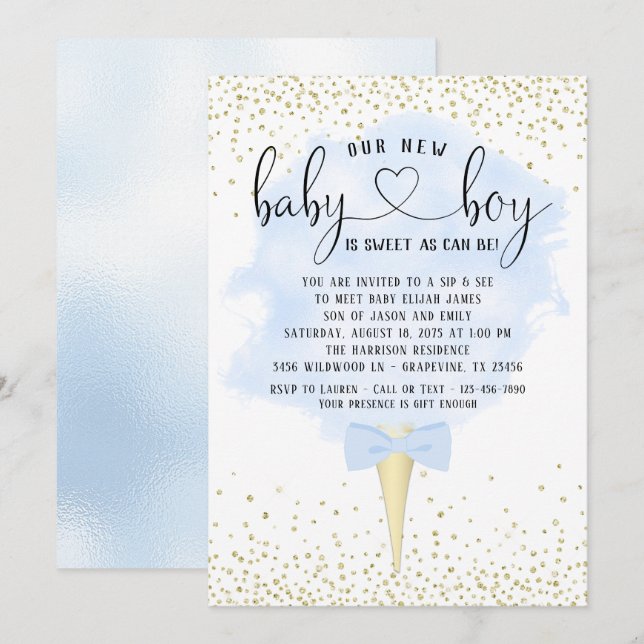 Invitation Garçon Regarde et Suce Coton de Sucre Baby Shower (Devant / Derrière)