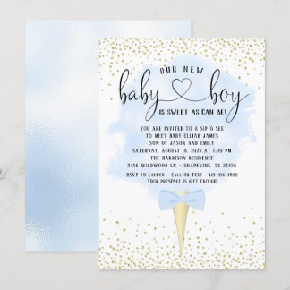 Invitation Garçon regarde et vois bleu or coton de sucre Baby