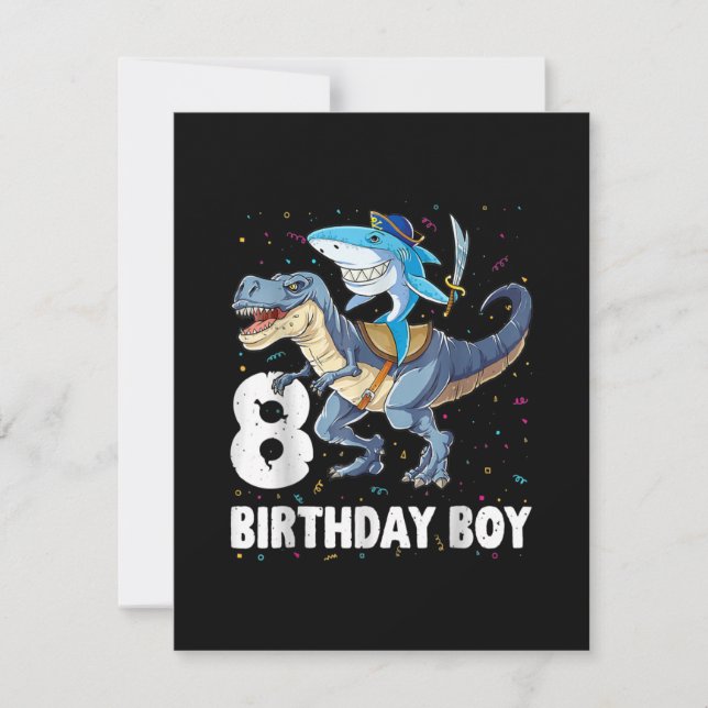 Invitation Garçon requin dinosaure pirate de 8 ans, 8e annive (Devant)