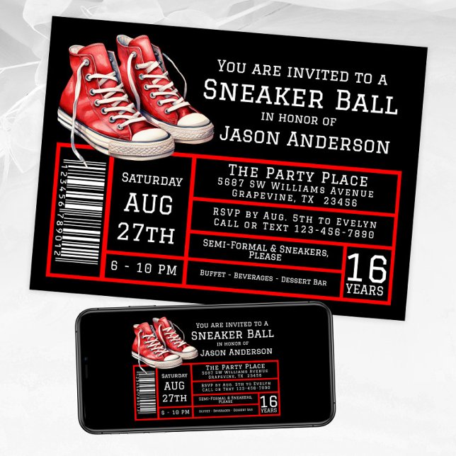 Invitation Garçon Rouge Basket Noir Soirée Dansante Anniversa (Red black sneaker ball invitation with red sneakers. Available for instant download and print.)